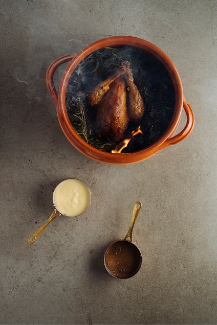 Ciotola con uccello cotto in salsa scura